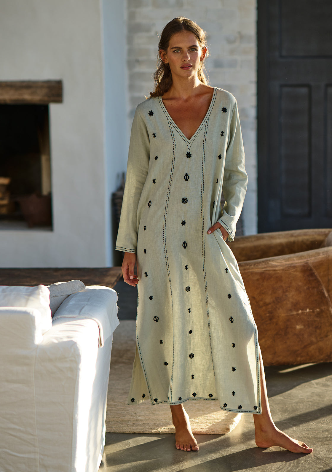 Linen Embroidered Coriander Kaftan