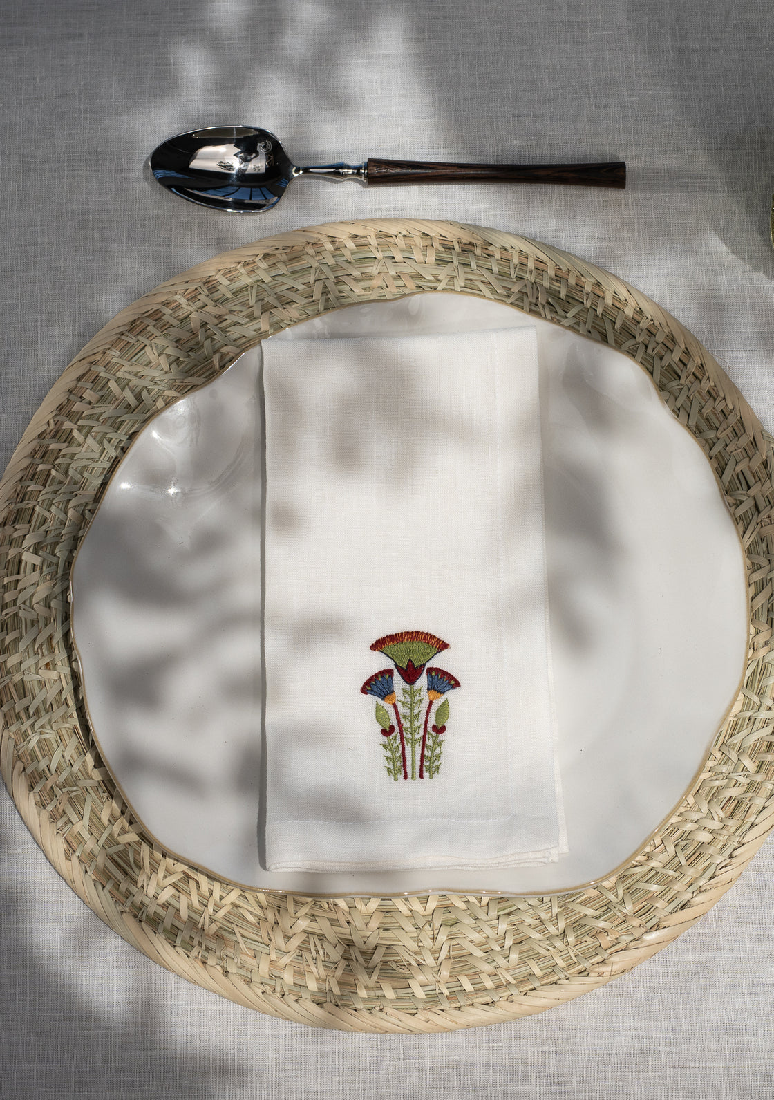 Ancient Lotus Embroidered Linen Napkins - set of 4