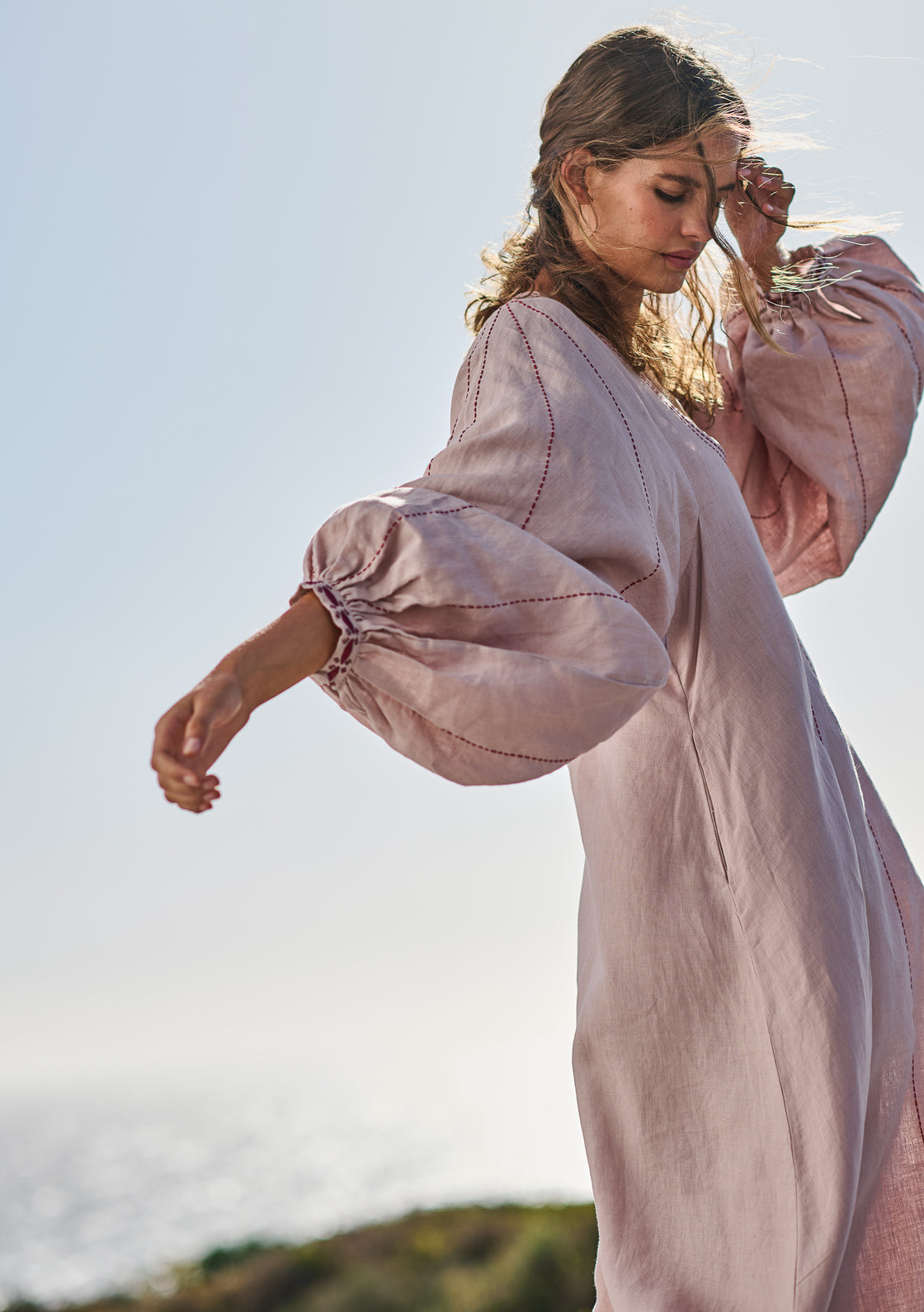 Linen Sage Dress with Hand-Embroidery - Dusty Pink