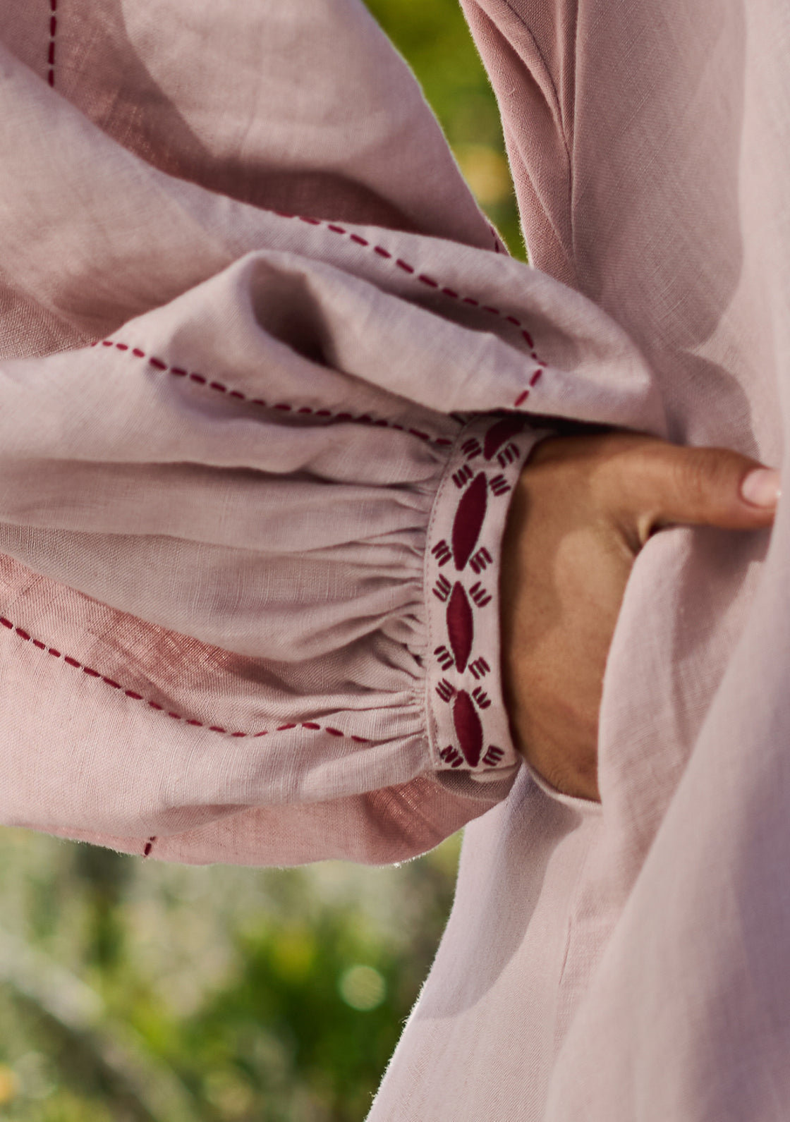 Linen Sage Dress with Hand-Embroidery - Dusty Pink