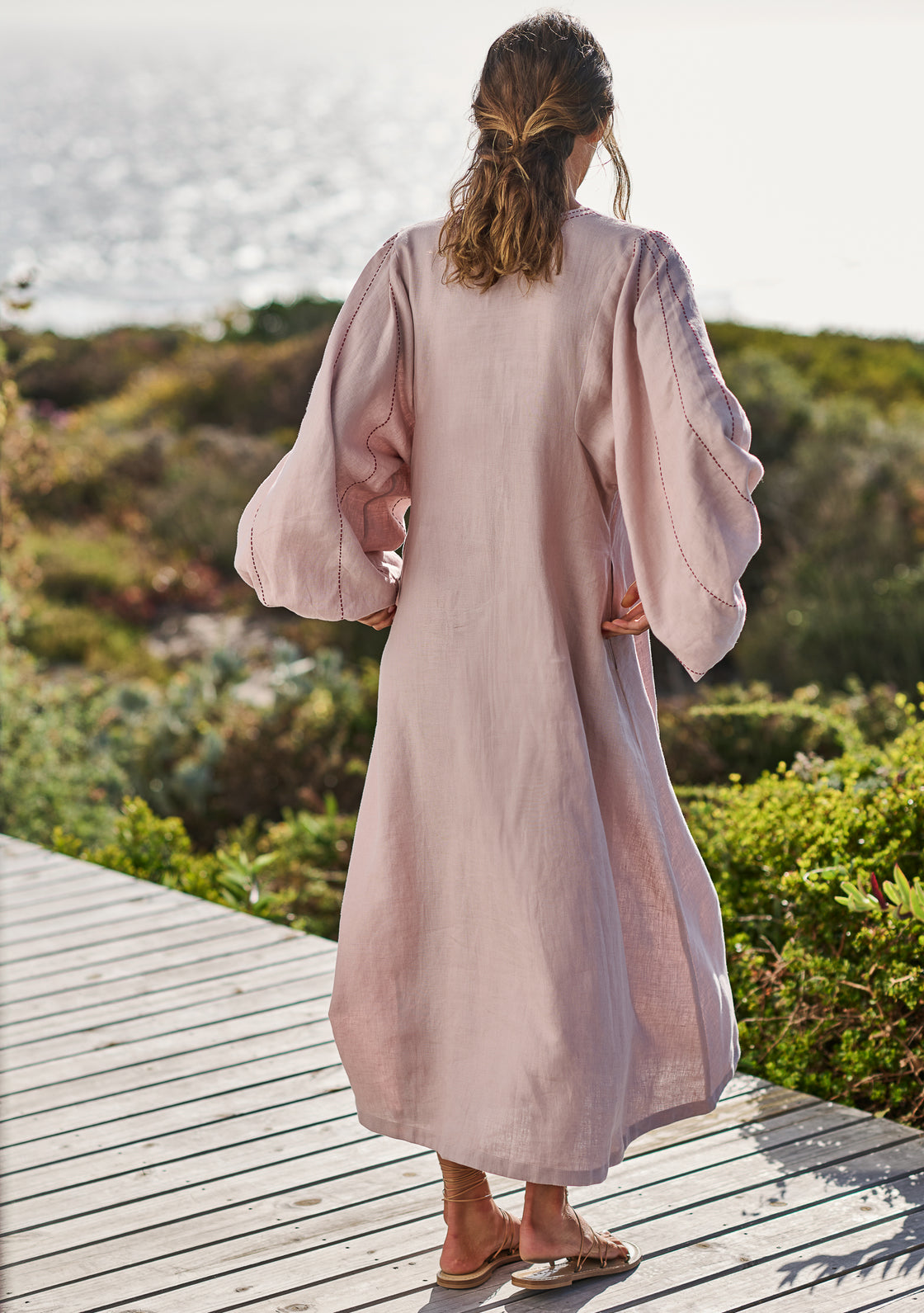 Linen Sage Dress with Hand-Embroidery - Dusty Pink