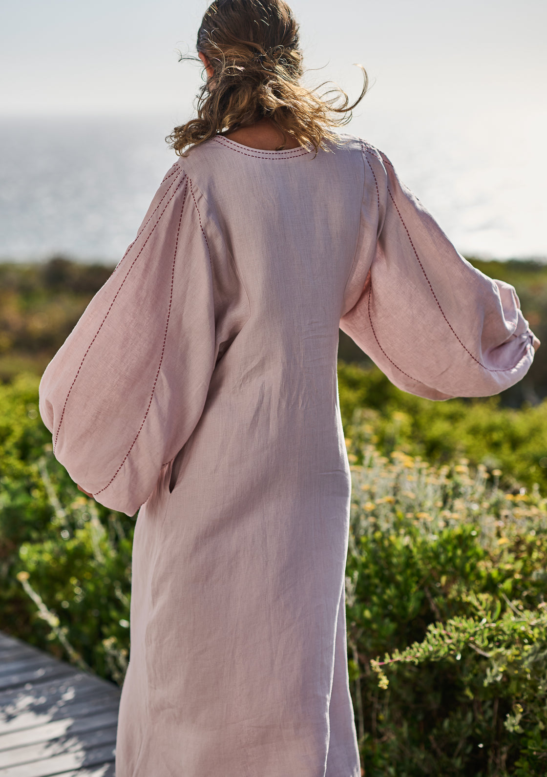 Linen Sage Dress with Hand-Embroidery - Dusty Pink