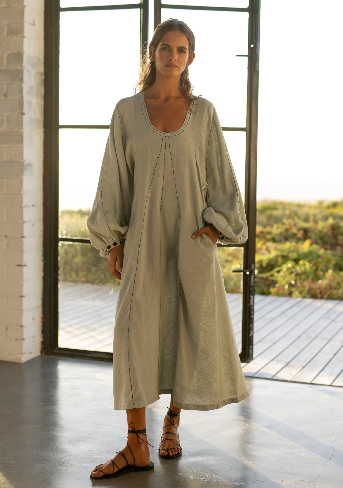 Linen Sage Dress with Hand-Embroidery