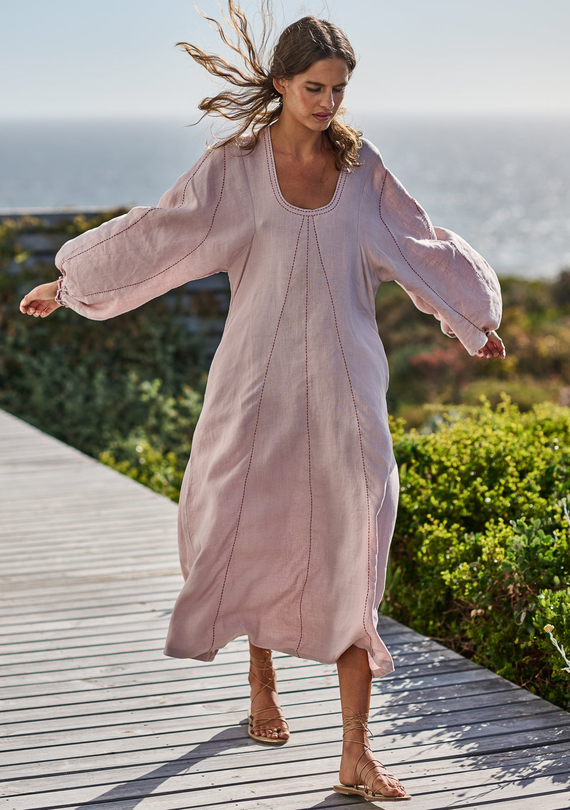 Linen Sage Dress with Hand-Embroidery - Dusty Pink