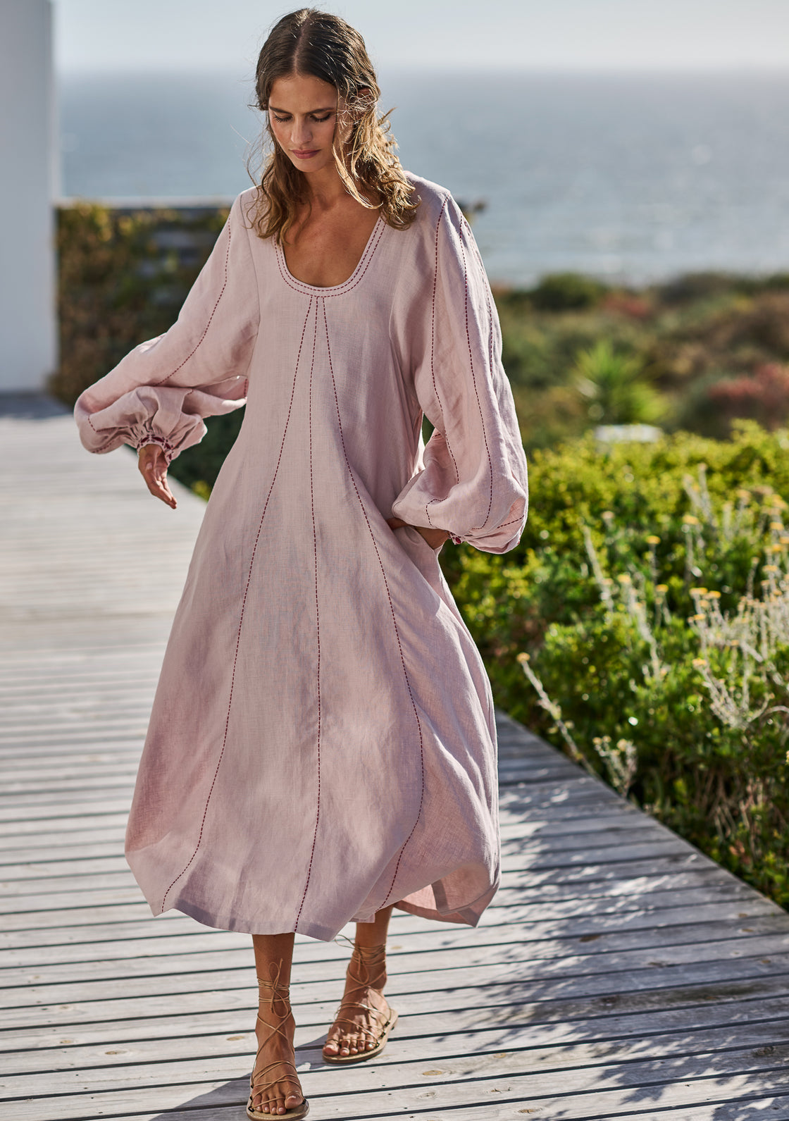 Linen Sage Dress with Hand-Embroidery - Dusty Pink