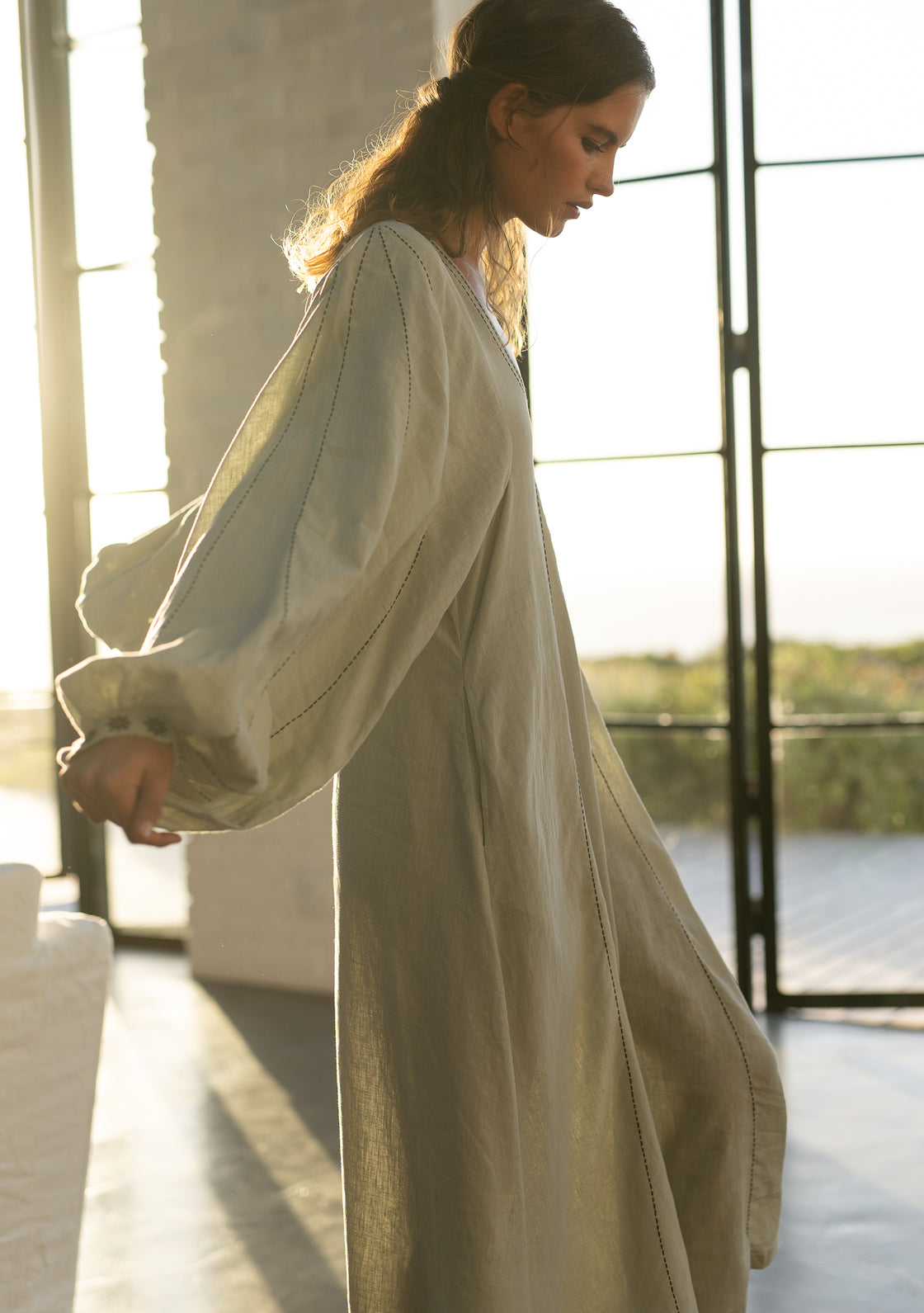 Linen Sage Dress with Hand-Embroidery