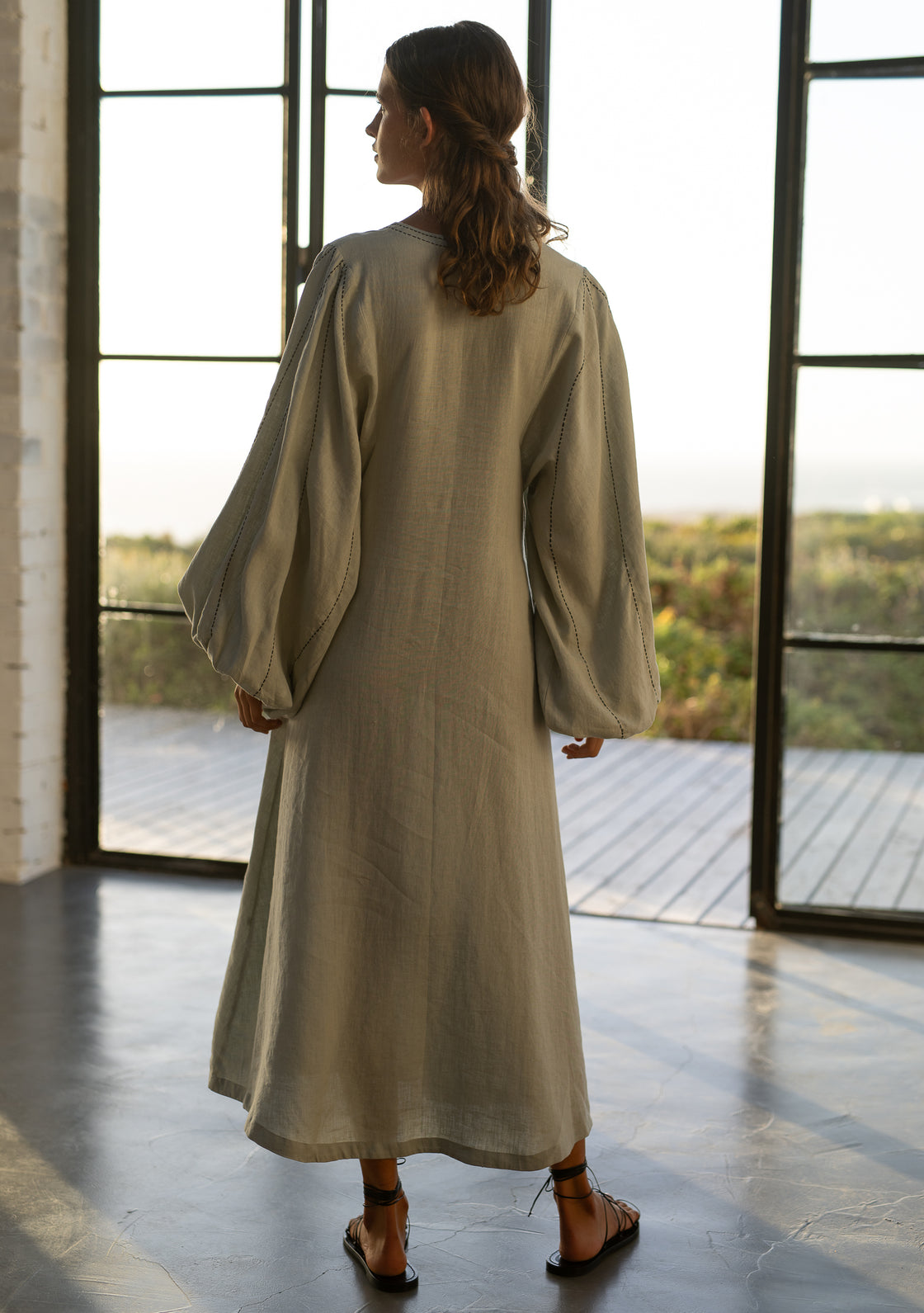 Linen Sage Dress with Hand-Embroidery